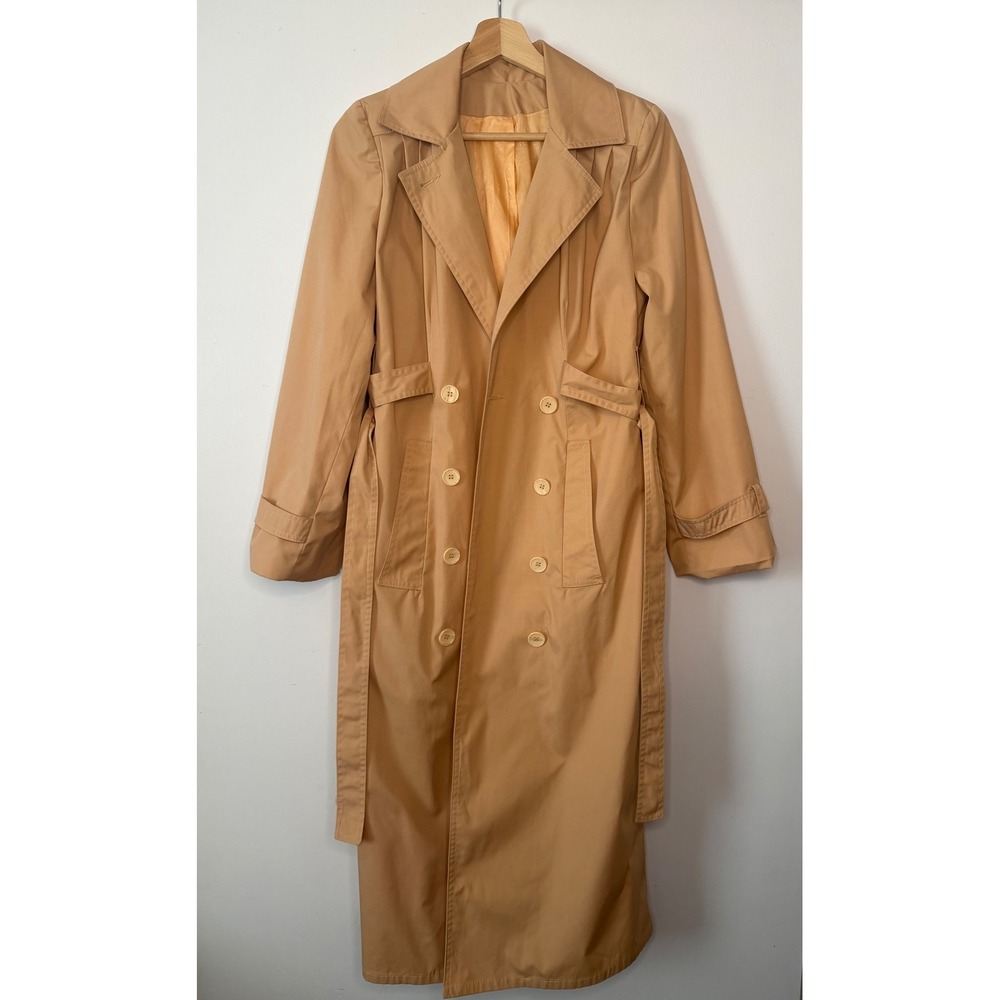 LUBA Marks Vintage Trench Coat Women Tan Double Breasted Pleated Belted Camel